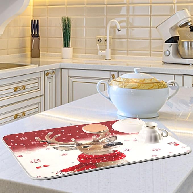 Christmas Reindeer Dish Drying Mat for Kitchen Countertop 18x24 Winter Snowflake Red Xmas Large Drying Mat Reusable Quick Dry Dish Sink Mats Easy Clean Decorative Essentials