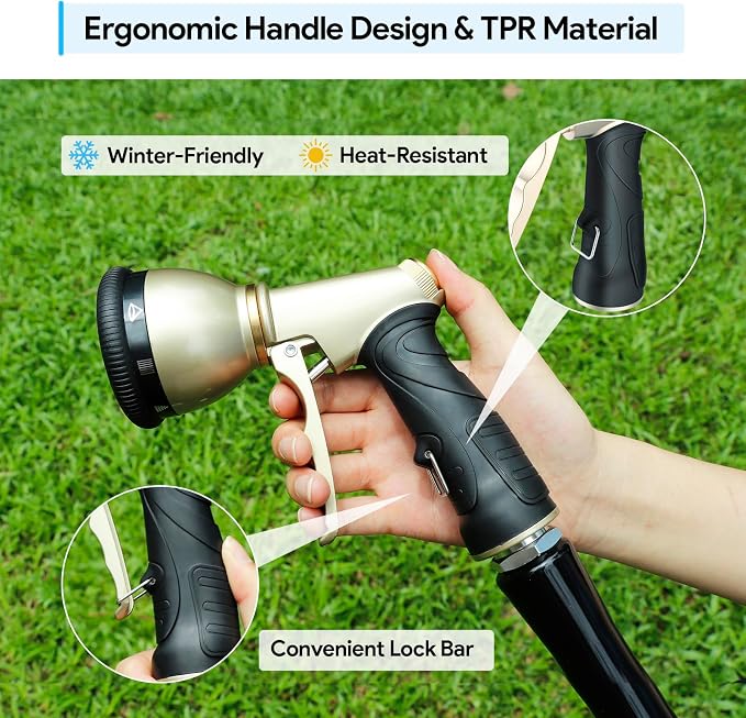 Heavy Duty Hose Nozzle, 9-IN-1 Spray Patterns, Spray Nozzles for Garden Hose with Metal Trigger & Lock Bar, 3/4" Thread & Connection Adapter, Suit for Watering Plants, Lawn, Car, Outdoor Pet