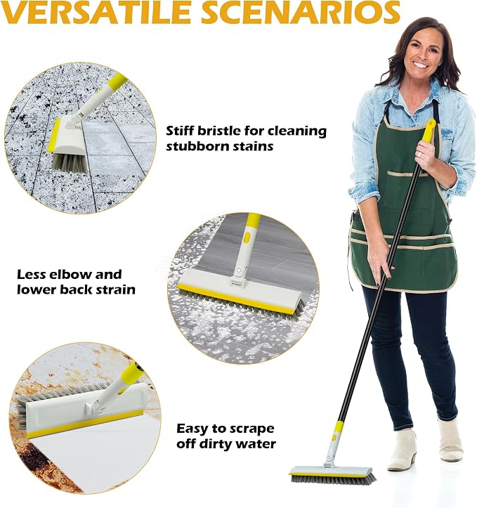 Floor Scrub Brush with 180° Rotating 50" Long Handle for Cleaning, 2 in 1 Scrape Scrubber Brush with Squeegee, Tile Tub Scrub Brushes Attachment for Clean Bathroom Deck Kitchen and Floor Wall