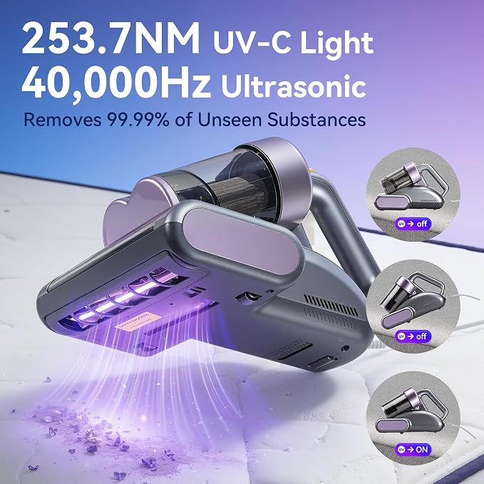 VUSIGN Mattress Vacuum Cleaner, 16Kpa Bed Vacuum Cleaner with 253.7nm UV-C Light, 140°F Heat, 40000RPM, HEPA Filter & Ultrasonic, Double-Cup Handheld Vacuums for Bed, Sofa, Couch, Crib(Corded, 500W)
