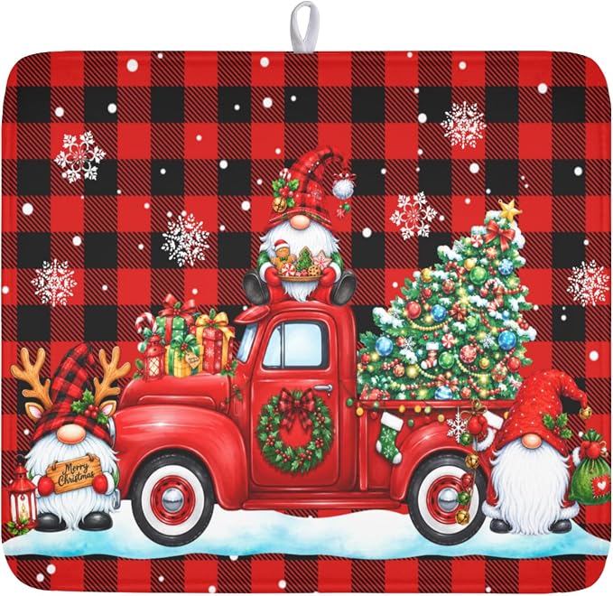 Christmas Dish Drying Mat for Kitchen Counter Xmas Gnome Truck Red Black Buffalo Plaid Dish Drainer Mat Rustic Farmhouse Holiday Absorbent Washable Drying Pad 16"x18"