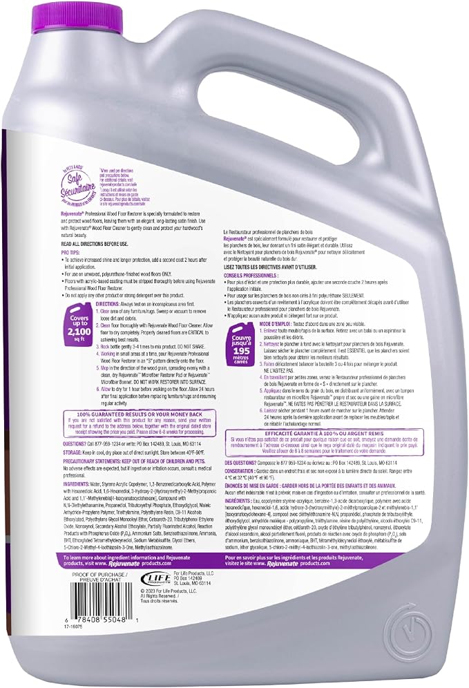 Rejuvenate Professional Wood Floor Restorer Fills Scratches, Seals And Protects Wood Flooring For A Matte Satin Finish, 1 Gallon | 1-Coat Application Fills Scratches, Shines & Protects Hardwood Floors, Leaves A Satin Finish, Safe For Pets & Kids