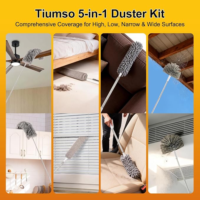 Tiumso Microfiber Feather Duster 5-in-1 Kit, Dusters for Cleaning, Duster with Extension Pole 100 Inches, Cobweb Duster, Microfiber Dusters for High Ceilings and Fans, Blinds, Cars and Furniture