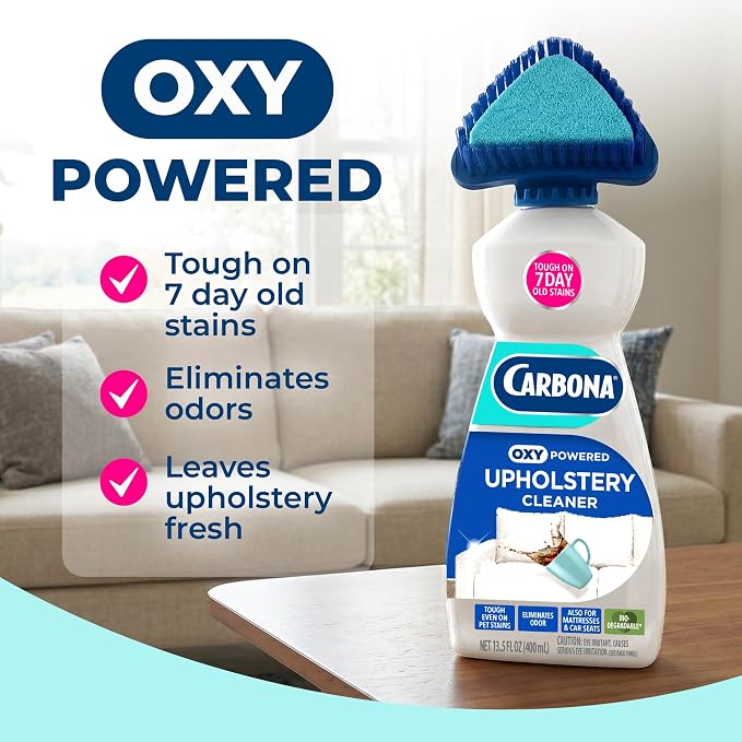 Carbona Oxy Powered Upholstery Cleaner with Brush & Sponge (13.5 Fl Oz), Stain Remover for Couches, Car Seats & Mattresses. Fast Formula, No Residue