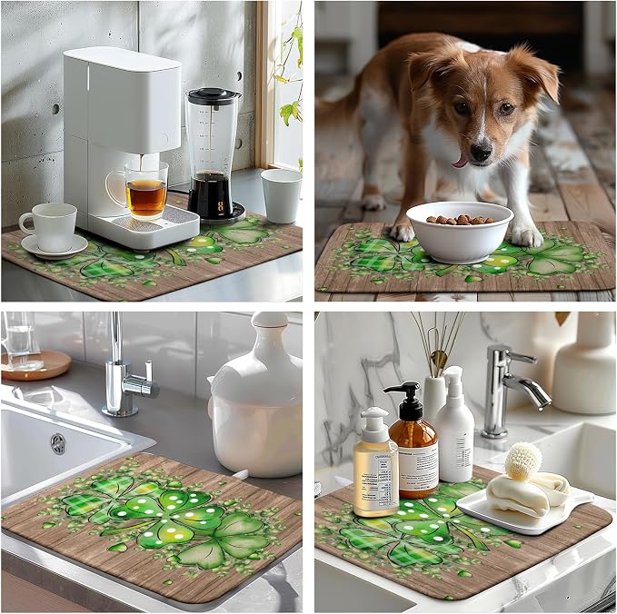 St Patricks Day Wooden Plank Shamrock Drying Mat for Kitchen Counter St Patrick Eucalyptus Leaves Clover Dish Drainer Mats Absorbent Microfiber Dishes Pad Reusable Washable Dry Mat 16x18 Inch