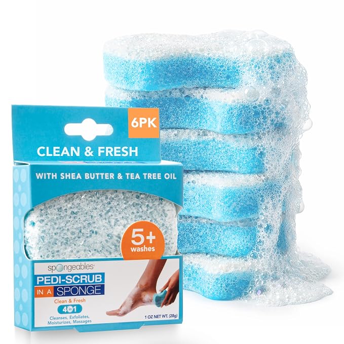 Spongables Pedi Scrub Foot Exfoliating 5+ Wash Travel Sponge, Clean & Fresh, 6 Count