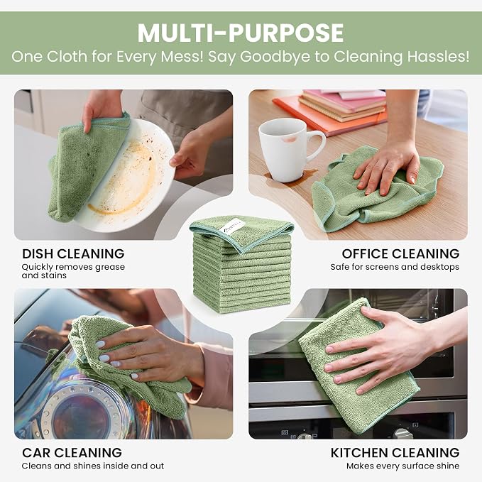 SIFANGKE Microfiber Cleaning Cloth, 12 Pack Green Cleaning Rags for Housekeeping, Reusable Microfiber Towels for Car, Kitchen, Bathroom and Household Cleaning Supplies, 11.8"X11.8"