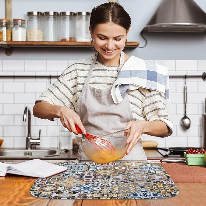 Sanwarm Absorbent Dish Drying Mat, Retro Colorful Tiles Vintage Floral Microfiber Pad for Kitchen Counter, Coffee Bar Decor, Heat Resistant and Reversible, 16" x 18"