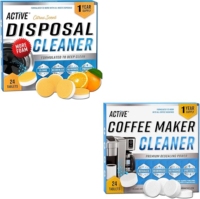 ACTIVE Disposal Cleaner and Coffee Maker Cleaner Tablets - Includes 24ct Disposal Cleaning Tabs and 24ct Coffee Machine Tabs