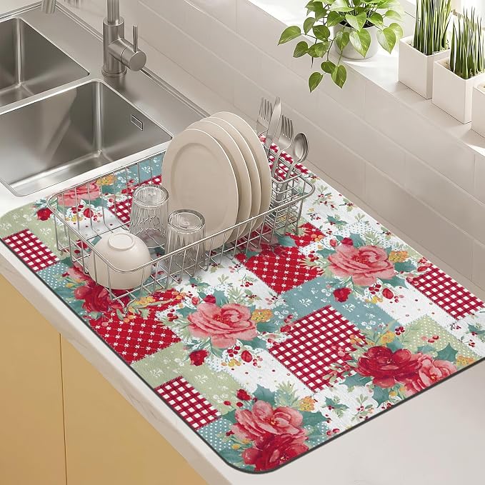 Kitchen Countertop Dish Drying Mat,Super Absorbent Coffee Bar Mat for Maker Espresso Machine, Anti-Slip Accessories for Kitchen Countertops 24x18 Inch