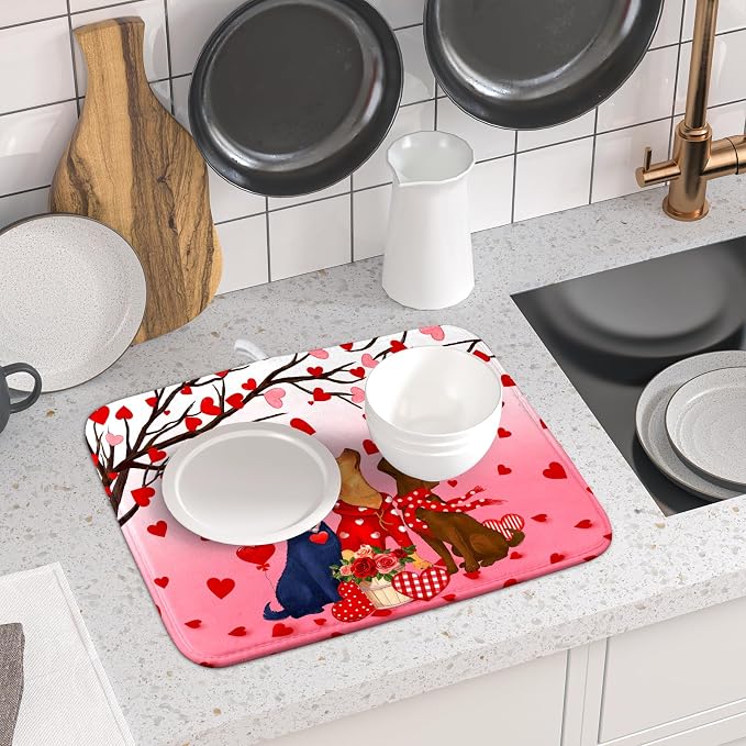 Love Dog Dish Drying Mat 16"x18" Red Heart Microfiber Dish Drainer Mat Hanging Loop Absorbent Fast Dry Pad Kitchen Counter Bar Accessories