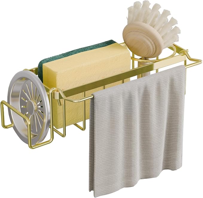 TAILI Sponge Holder with Strong Suction Cup, 4-in-1 Rustproof Sink Organizer - Sink Caddy Holds Sponges, Brushes, Stoppers & Scrapers -Gold