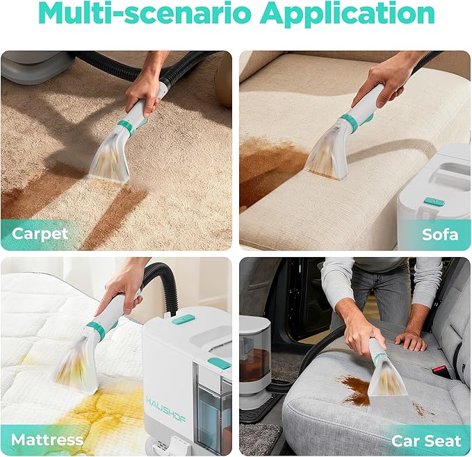 HAUSHOF Portable Carpet, Upholstery Cleaner Machine, 13Kpa Suction | Powerful Stain & Spot Remover, with Cleaning Solution, Deep Stain Cleaning for Carpet, Car Seats, Pets, Couches, Rug
