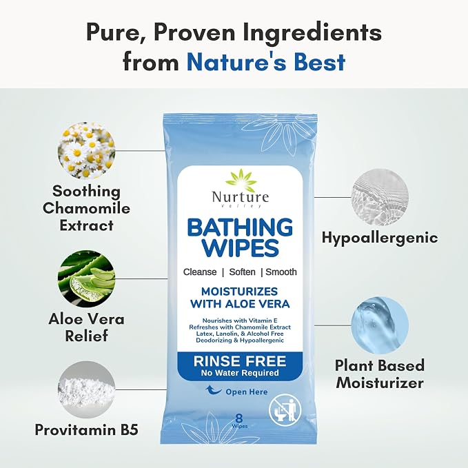 Nurture Rinse Free Bathing Disposable Adult Wipes w/Aloe - Waterless Care | 64 Wipes Waterless Cleansing Disposable Adult Body Bath Wet Wipes for Sensitive Dry Skin, Disabled & Bedridden Care Washcloth