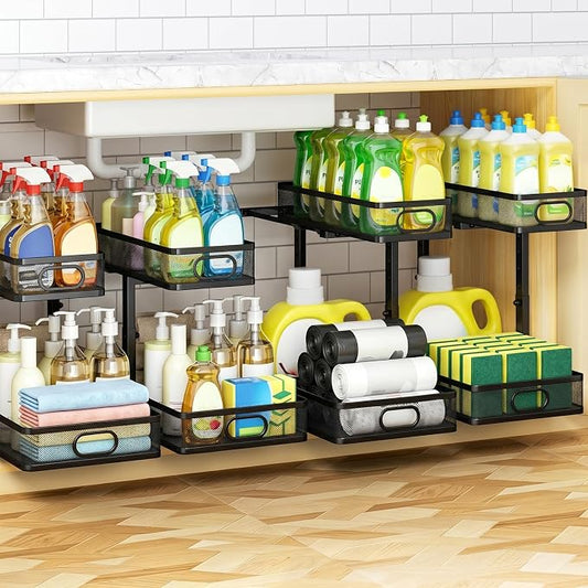 Under Sink Organizer 4-Pack, Metal 2-Tier Pull-Out Cabinet Shelf with Slide-Out Mesh Drawers, Height Adjustable, Space-Saving Storage Racks for Kitchen, Bathroom, Laundry Room