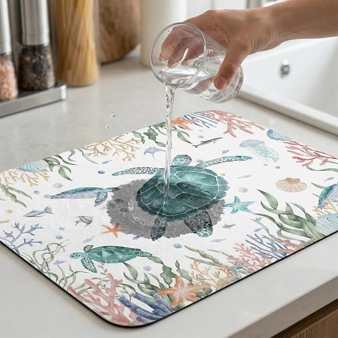 Sea Turtle Dish Drying Mat for Kitchen Counter Sink, Summer Beach Absorbent Microfiber Drying Pad, Reversible Waterproof Countertop Mat for Kitchen Decor
