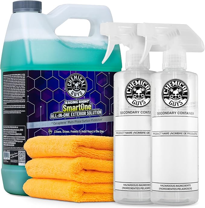 Chemical Guys, Raging Rhino All-in-One Exterior Spray Kit, Gallon, 6-Piece | Waterless wash, quick detailer and spray wax in one, cleans and shines with a slick gloss, dilution bottles and three towels