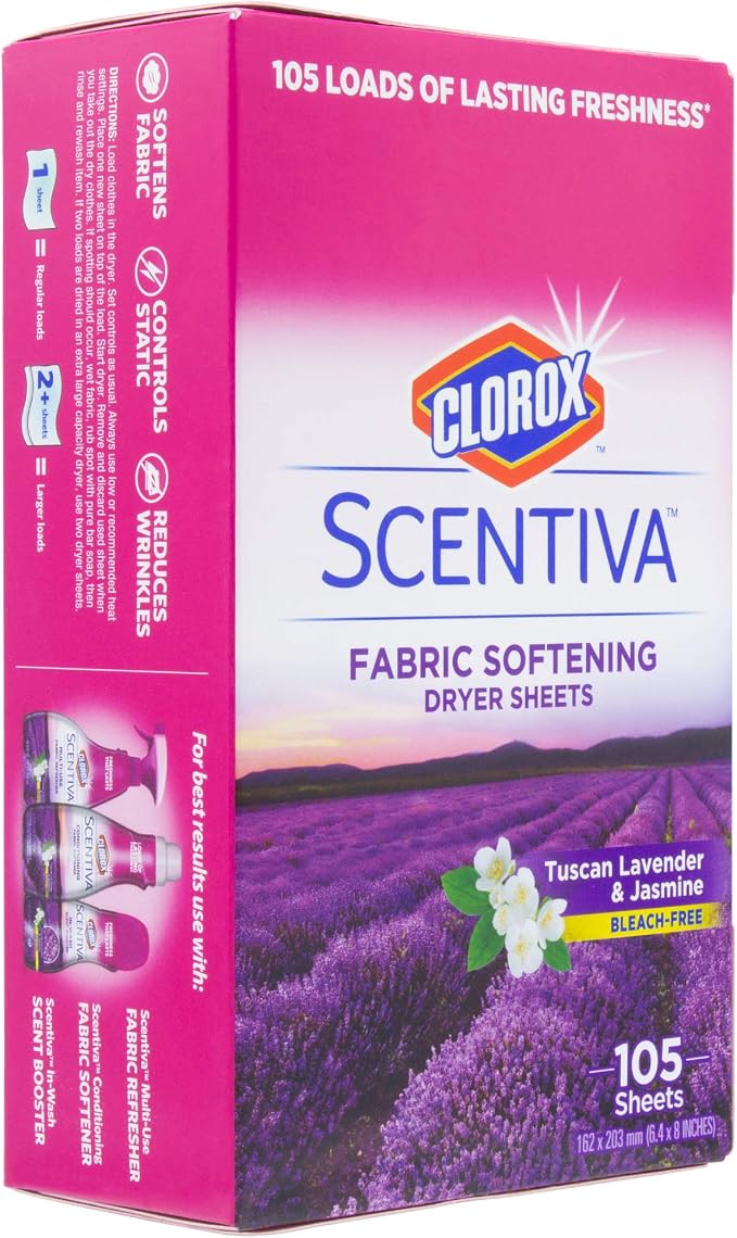 Clorox Scentiva Fabric Softener Dryer Sheets, Tuscan Lavender & Jasmine Scent - Wrinkle Reducing Scented Softening Laundry Dryer Sheets for Great Smelling Clothes, 105 Count