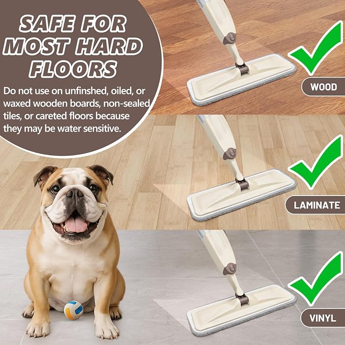 HOMTOYOU Wet Mop for Floor Cleaning: Spray Mop for Multi-Surface Floors | Wet Dry Use, 4 Pcs Microfiber Washable Pads, 400+ML Refillable Bottle, 360° Swivel Head, Beige