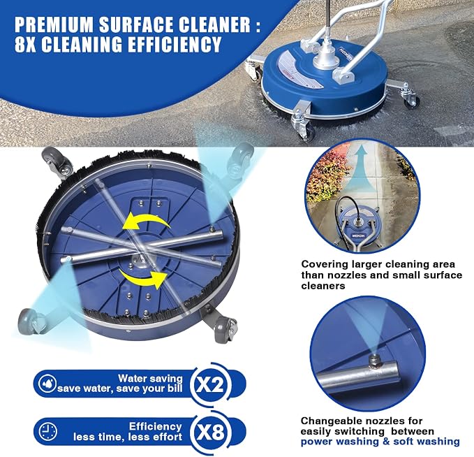 MEKOH 20” Heavy-Duty Pressure Washer Surface Cleaner with Wheels, 4500PSI | Dual-Handle Power Washer Attachment for Large Driveway Sidewalk Deck Patio Concrete Streak-free Cleaning, 3/8'' Quick-Connect