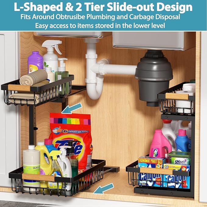 Liuoud Under Sink Organizer 2 Pack, 2 Tier Slide Out Large Capacity Height Adjustable Under Sink Organizers and Storage for Kitchen Bathroom Cabinet, Black
