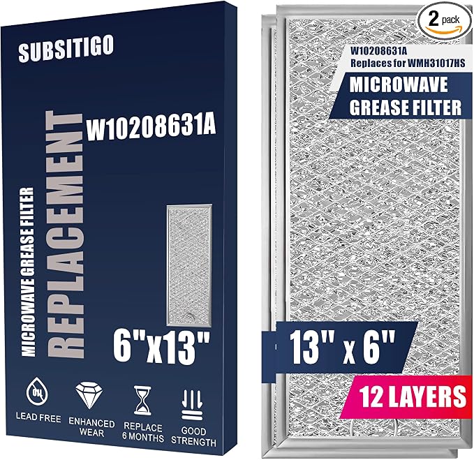 2-Pack Microwave Filter Replacement 13"x6" Fits W10208631A for Whirlpool Microwave Vent Filter Replacement for Kitchenaid Maytag Under Microwave Grease Filter Over the Stove Oven Vent Fan