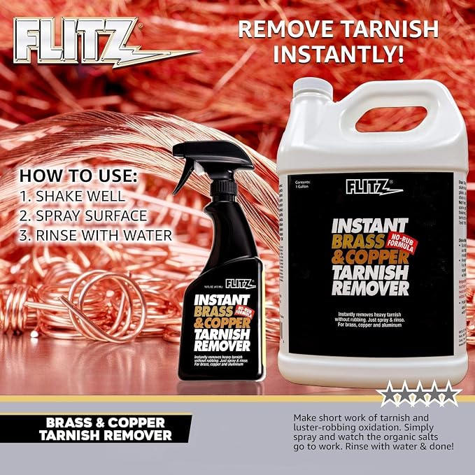 Flitz Instant Brass and Copper Tarnish Remover - 1 Gallon Bottle of USA-Made Organic Rust Remover Spray (No-Rub) - Removes Stains & Oxidation from Glass & Aluminum - Brass Cleaners That Work (1 Pack)