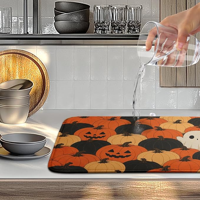 Halloween Spooky Pumpkin Dish Drying Mats Cute Ghost Dish Mat Fall Drying Matt Dishes Dryer Pad for Kitchen Counter Absorbent Microfiber Washable Foldable Reusable 18x24 in
