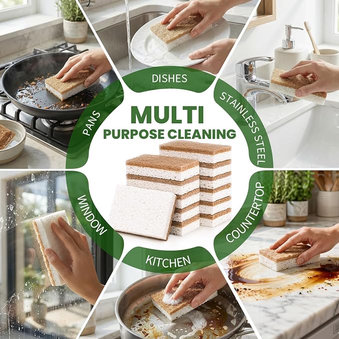Metflavor Kitchen Sponges, 48 Count, Natural Non-Scratch Cellulose Sponge with Coconut Scrubber for Dishes, Biodegradable & Compostable, Non Toxic Cleaning Sponges for Kitchen, Bathroom, Household
