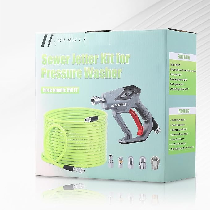 M MINGLE Sewer Jetter Kit for Pressure Washer 150 FT | Drain Cleaner Hose with Power Washer Gun, 1/4 Inch NPT Corner Rotating and Button Nose Sewer Jetting Nozzle, Orifice 4.0, 4.5