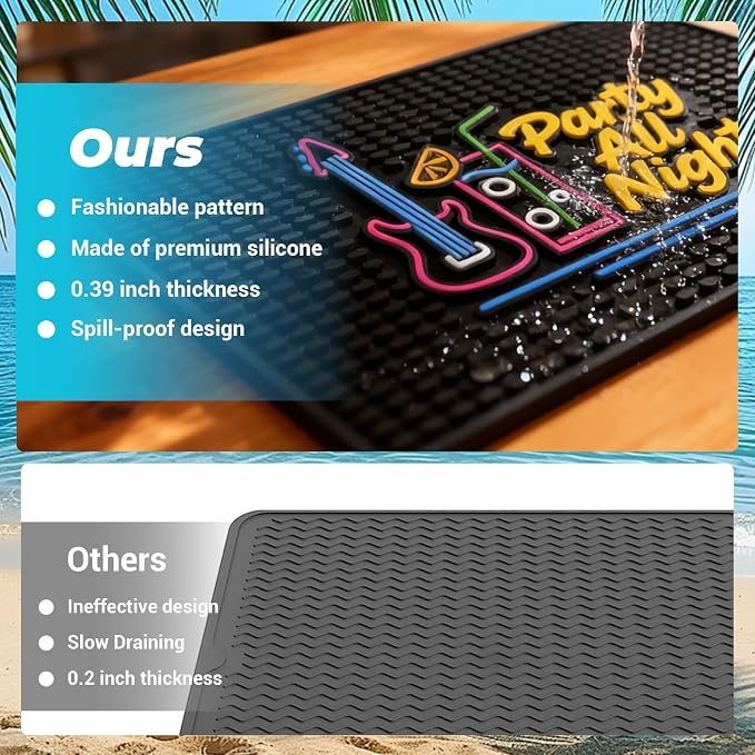 Neon Tiki Black Bar Mat 18 x 12 Inch - Thick Rubber Bar Mats for Countertop and Bartending - Professional Bar Spill Mat for Home Bar Accessories, Bar Cart Decor and Bartender Accessories （CYKH）