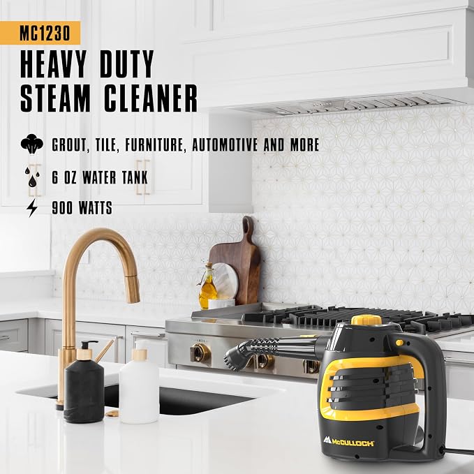 McCulloch MC1230 Handheld Steam Cleaner, 10 Minute Runtime, 11 Accessories: Jet Nozzle, Brushes, & More - Built for Home, Tile, Grout, Carpet, Furniture, & Personal Car Detailing