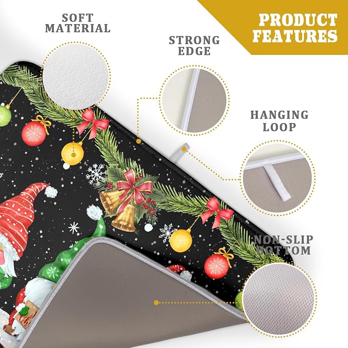 Merry Christmas Dish Drying Mat Black Gnomes Dish Drainer Mats 18x24 Inch Holiday Decorative Absorbent Dishes Pad for Kitchen Counter Sink