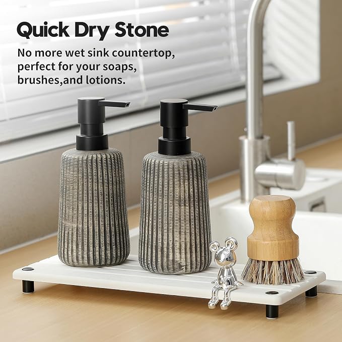 Razborci Instant Dry Sink Caddy Kitchen Sink Organizer, Quick Drying Stone Tray Diatomite Sponge Holder Soap Dish, Bathroom Countertop Fast Dry Water Absorbing Vanity Rack, White, 12" x 5"