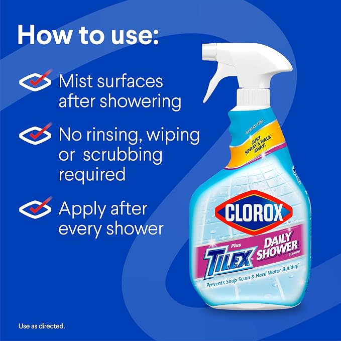 Clorox Plus Tilex Daily Shower Cleaner, Bleach-Free Bathroom Cleaner Spray, Safe for Most Tubs and Countertops, 32 fl. oz. Spray Bottle