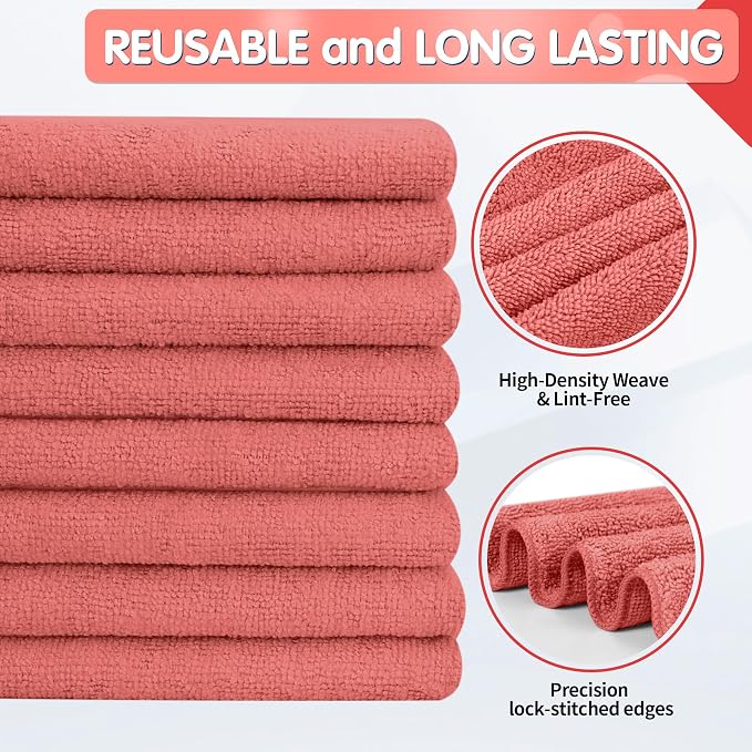 FIXSMITH Red Microfiber Cleaning Cloth -Pack of 8, Highly Absorbent Cleaning Rags, 16"X12" All Purpose Cleaning Towels for Housekeeping, Kitchen, Car, Lint Free and Reusable Microfiber Towels
