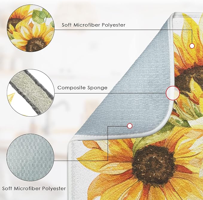 Sanwarm Absorbent Dish Drying Mat, Bouquet Daisy Flower Sun Sunflowers Microfiber Pad for Kitchen Counter, Coffee Bar Decor, Heat Resistant and Reversible, 16" x 18"
