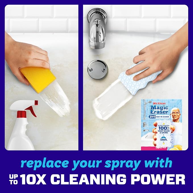 Mr. Clean Magic Eraser Sponge, Bathroom Cleaner, Shower Cleaner, Tub Cleaner, Soap Scum Remover, Bathroom Cleaning Supplies, Dawn Cleaning Power with Lemon Scent, 2 in 1 Bath, 5ct (Pack of 4)