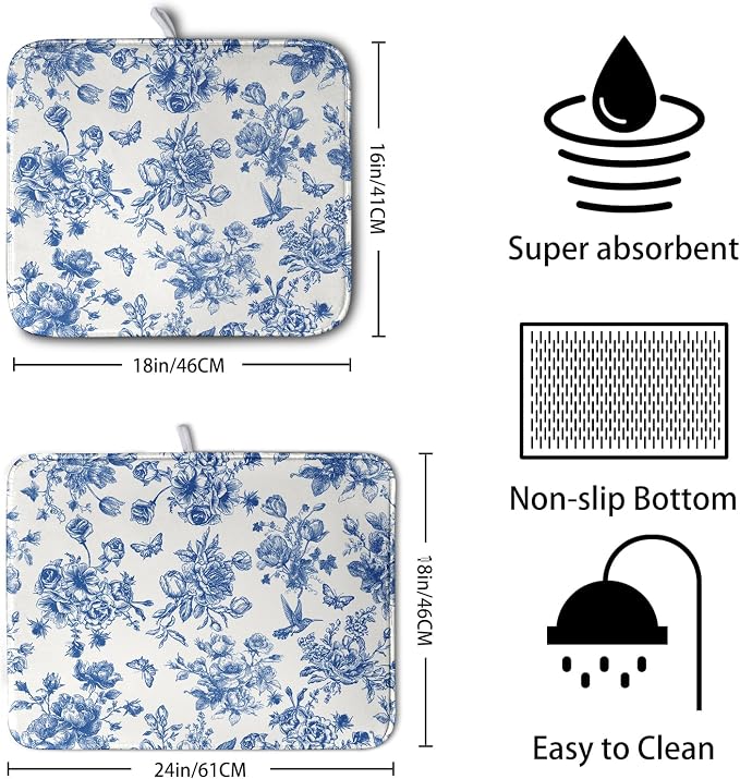 Dish Drying Mat for Kitchen Counter Blue and White Floral Drying Mats Chinoiserie Vintage Flowers Dish Drying Pad for Dishes Microfiber Absorbent Dish Drainer Rack Mat for Countertop 18x24 Inch