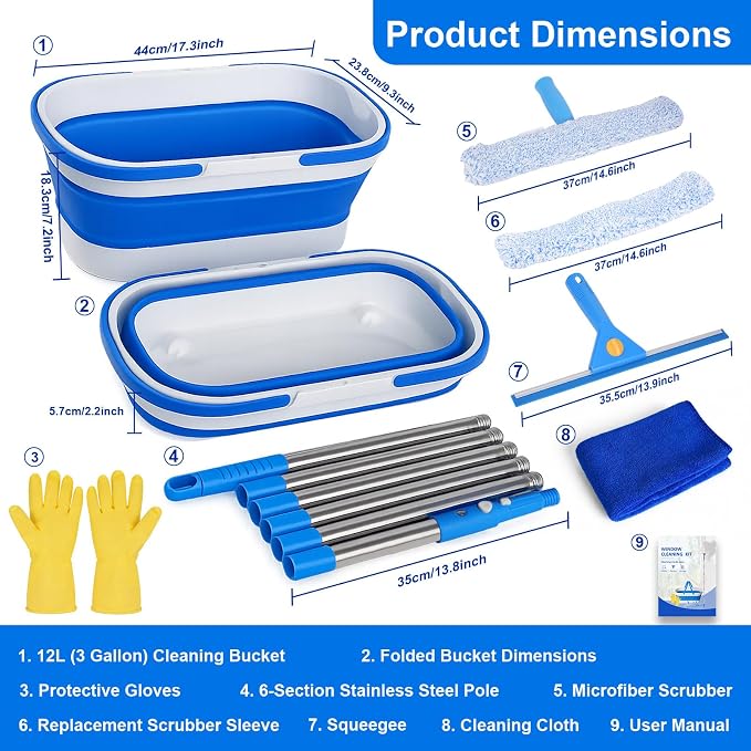 Window Cleaning Kit, Window Washing Kit with 3 Gallon Collapsible Bucket, 14-Inch Squeegee & 15-Inch Scrubber, 76-Inch Extendable Pole, Window Washing Equipment for Home & Commercial (76 inch)