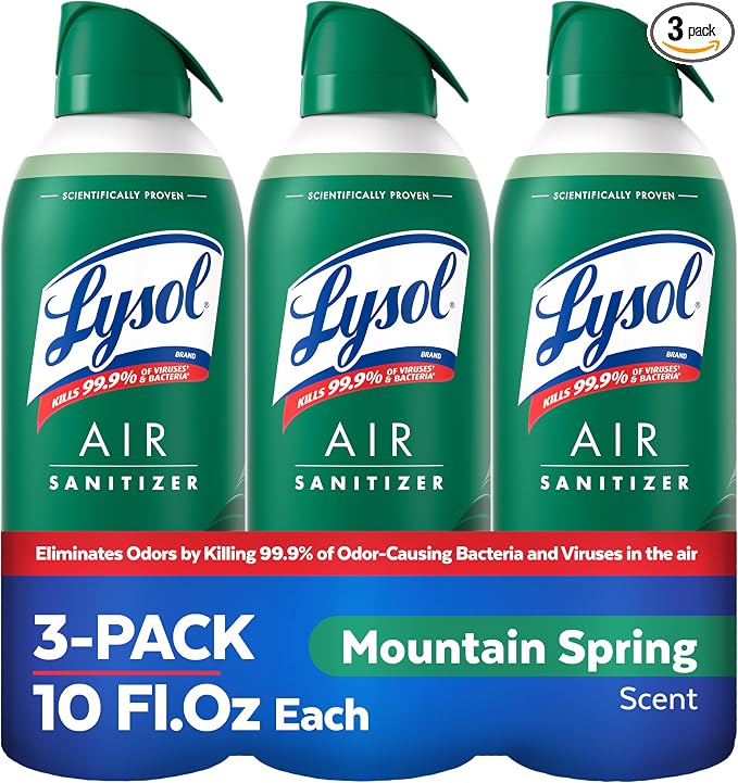 Lysol Air Sanitizer Spray with Bacterial Odor Eliminator for Home & Office, Sanitizing Air Spray, Air Freshener Alternative, Mountain Spring Scent, 10 oz (Pack of 3)