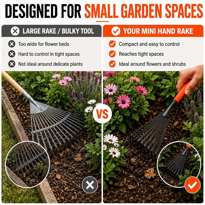 Finder Hand Rake, 15.6 Inch Gardening Hand Tool with Ergonomic Handle and Hanging Hole for Storage, Steel Garden Rake for Flower Beds, Leaves, Mulch, Soil Loosening, Tight Spaces