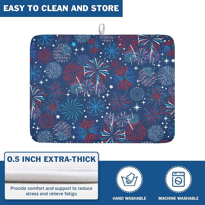 4th of July Patriotic Dish Drying Mat for Kitchen Counter 18 x 24 Inch Independence Day Dish Drainer Mat Absorbent Microfiber Firework Dish Rack Pad for Coffee Dining Bar Decor
