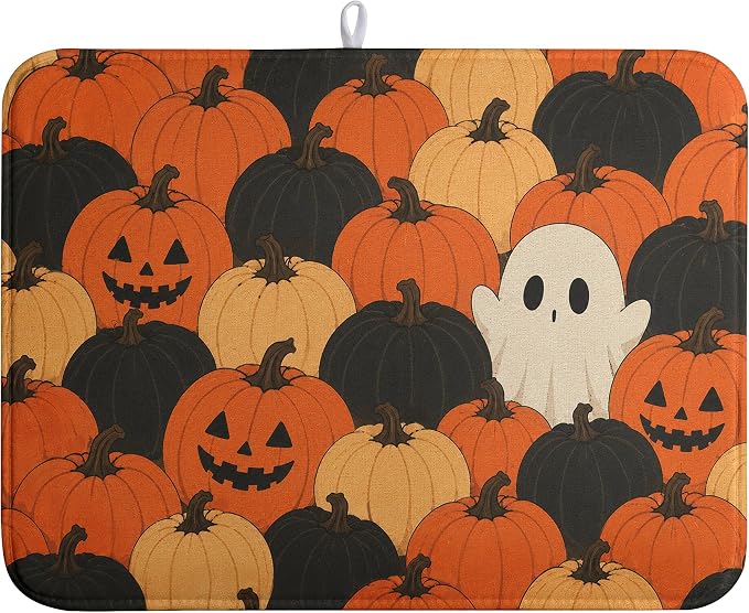 Halloween Spooky Pumpkin Dish Drying Mats Cute Ghost Dish Mat Fall Drying Matt Dishes Dryer Pad for Kitchen Counter Absorbent Microfiber Washable Foldable Reusable 18x24 in
