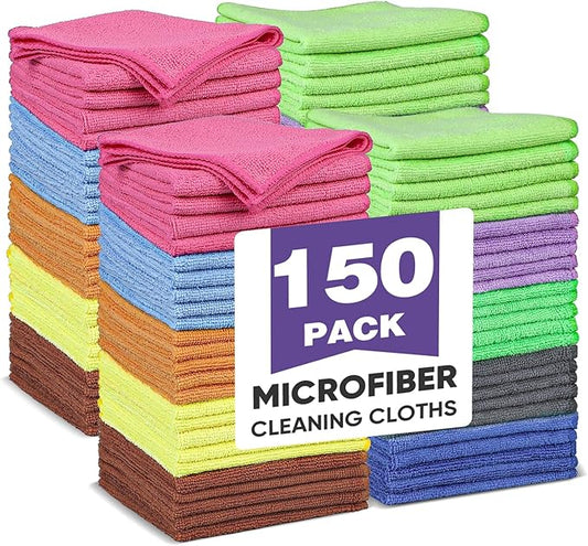 TEAWOO 10 Colors Microfiber Cleaning Cloths, 150 Pack Assorted Cleaning Rags, Highly Absorbent Microfiber Towels for Car, Kitchen, Bathroom and Household Cleaning, 11.8"X11.8"