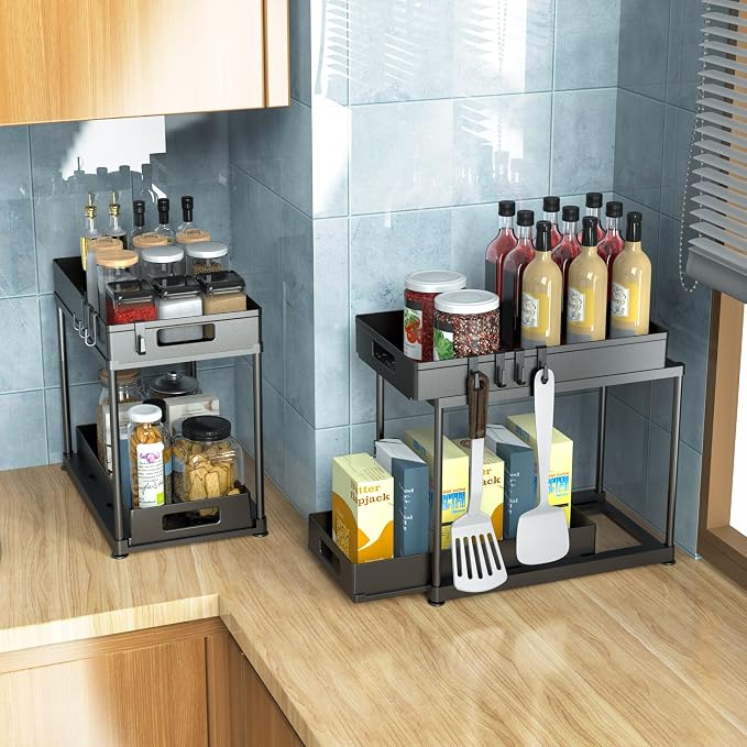 2 Pack Under Sink Organizer with Double Pull-Out Drawer, Black | 2-Tier Cabinet Storage, Kitchen & Bathroom, Tool-Free Assembly, Fits Cleaning Supplies & Toiletries, Space Saving