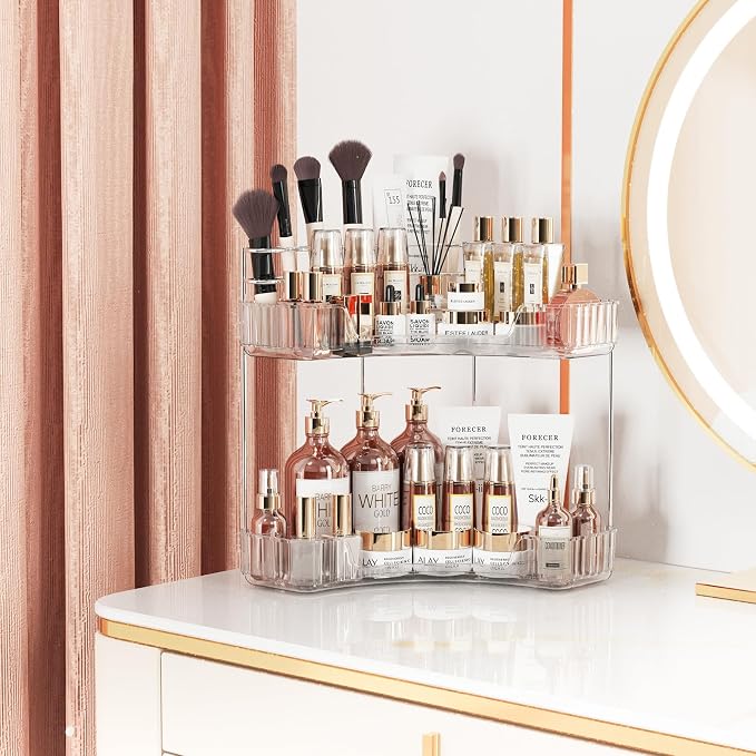 Asayuee 2-Tier Corner Bathroom Counter Organizer with Top Toothbrush Holders,Large Makeup Organizer Countertop with Brush Holder,Skincare Organizers Corner,Exquisite Vanity Organizer(Clear, 2 Tier)