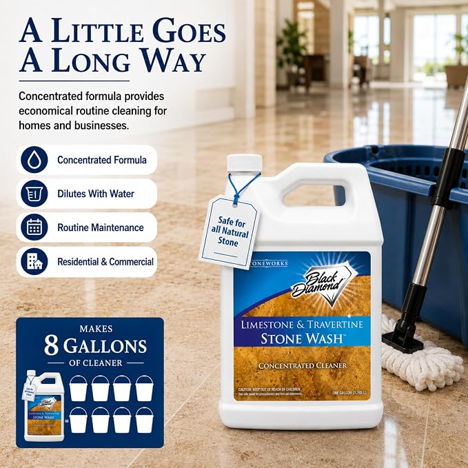 Black Diamond Stoneworks Limestone & Travertine Stone Wash Concentrate – pH Neutral Cleaner for All Sealed & Unsealed Natural Stone Floors Including Marble, Slate, Granite & More (1 Gallon)