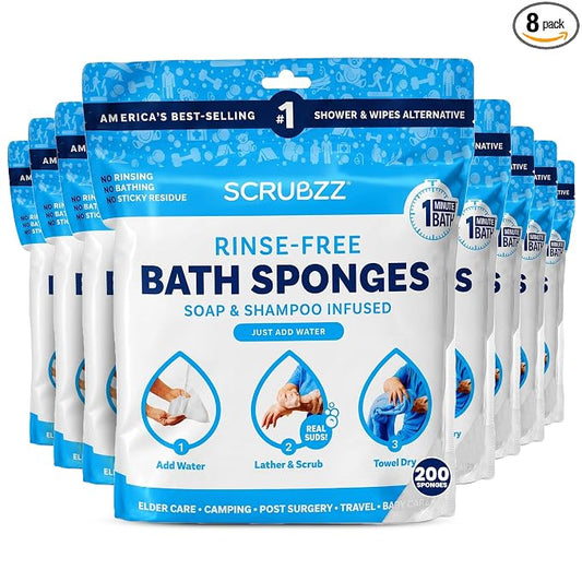 Scrubzz Disposable No Rinse Bathing Wipes - All-in-1 Single Use Shower Wipes, Simply Dampen, Lather, and Dry Without Shampoo or Rinsing (Unscented, 8-Pack)