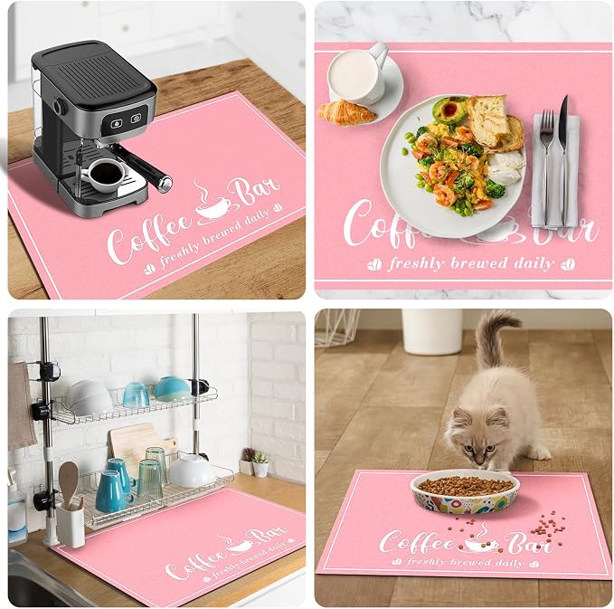 CooRug Absorbent Coffee Mat, Fashion Dish Drying Mat for Kitchen Counter Coffee Bar Accessories Espresso Machine Dish Rack 12" x 20" Pink